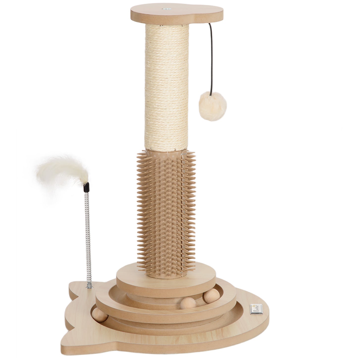 Photo of PawHut 49cm 5 in 1 Cat Scratching Post with Sisal Post, Track Ball, Self Grooming Brush, Hanging Toy Ball, Feather, Oak Tone in Tone colour on a white background
