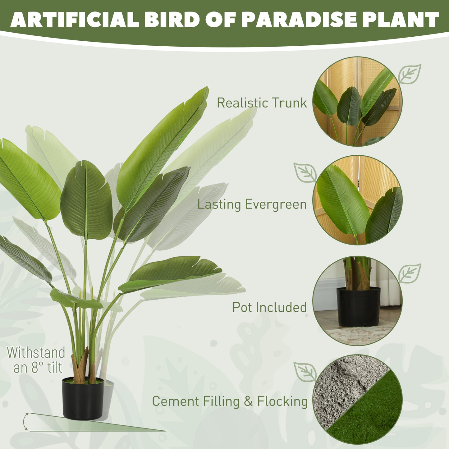 HOMCOM 109cm Artificial Bird of Paradise Plant, Faux Banana Leaf Tree with PEVA Leaves and Flocking, Decorative Palm Tree in Pot for Home Office Decor, Green