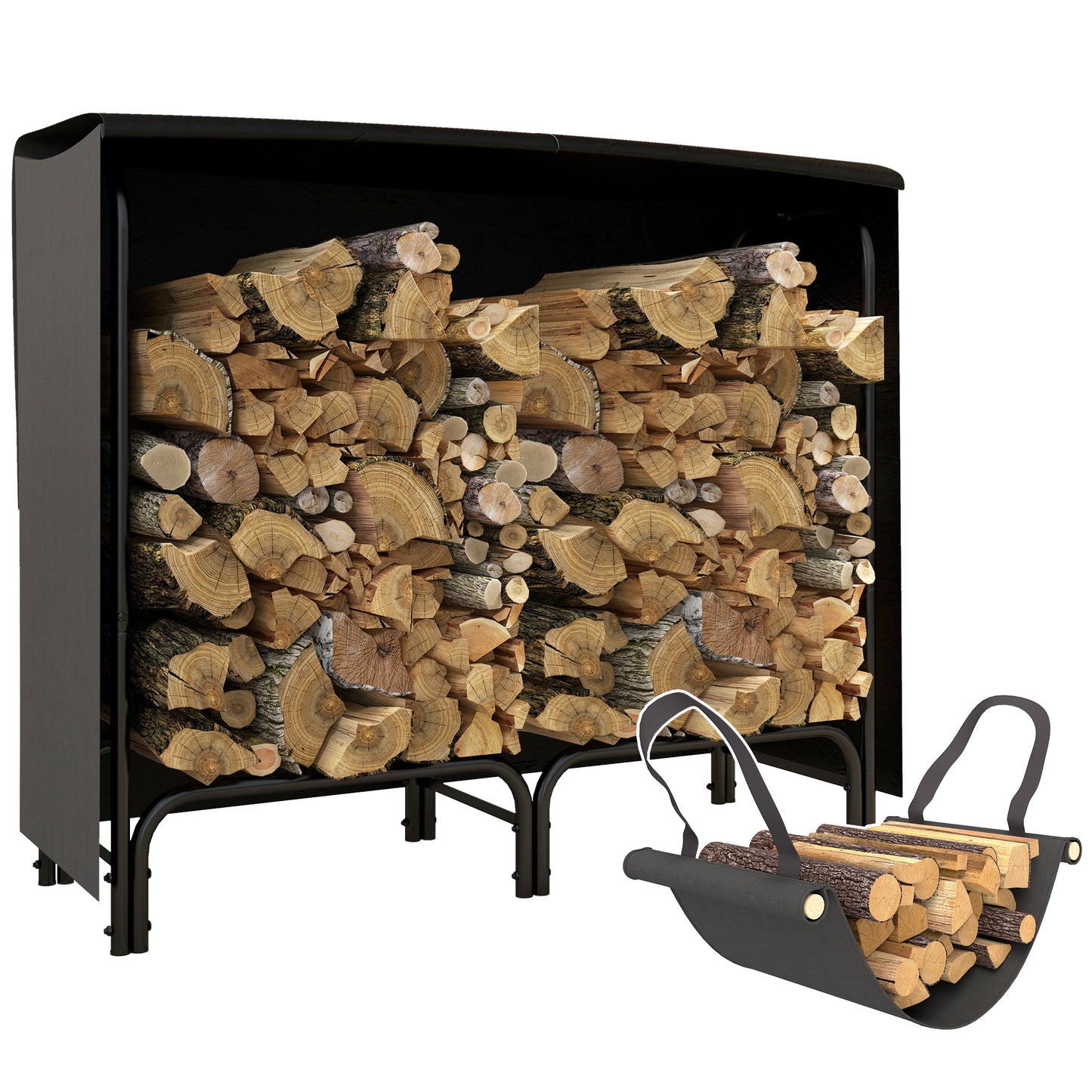 Photo of Outsunny 4FT Firewood Rack with Canvas Carrier Bag and 600D Oxford Waterproof Cover, Metal Log Store Indoors, Log Storage Rack Holder for Outdoor Indoor Fireplace, Black in Black colour on a white background