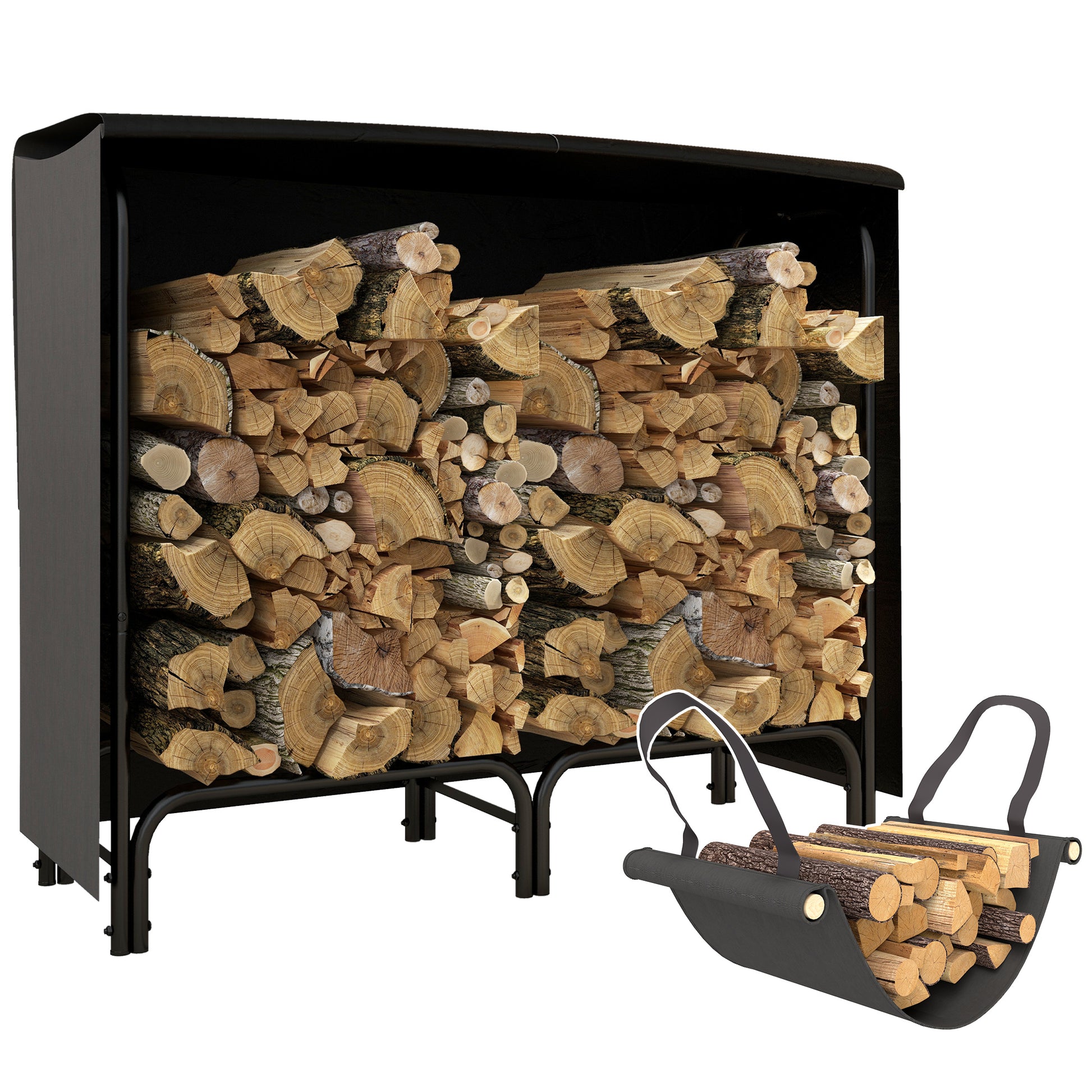 Photo of Outsunny 4FT Firewood Rack with Canvas Carrier Bag and 600D Oxford Waterproof Cover, Metal Log Store Indoors, Log Storage Rack Holder for Outdoor Indoor Fireplace, Black in Black colour on a white background