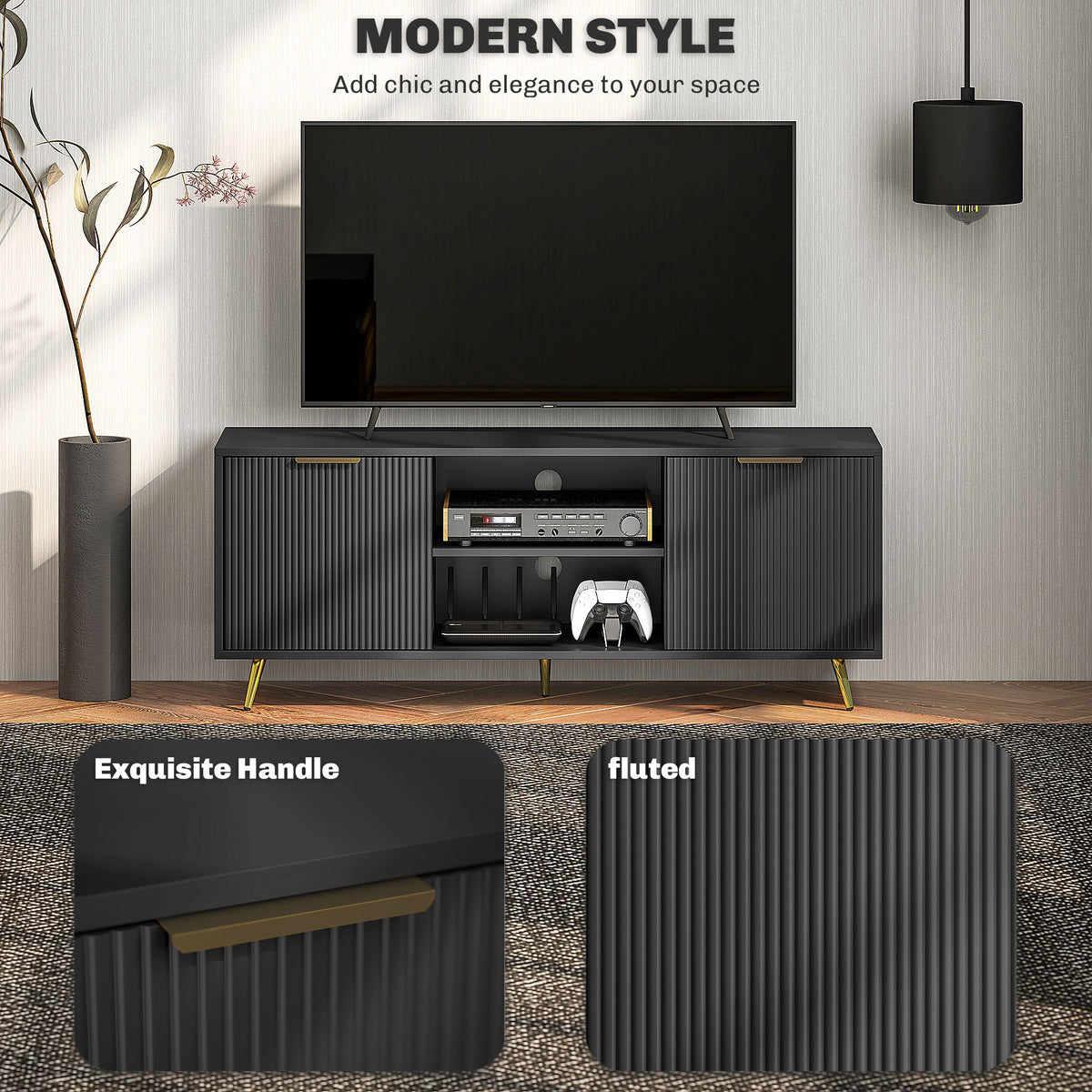 HOMCOM black TV stand showing fluted cabinet doors and gold-tone handles