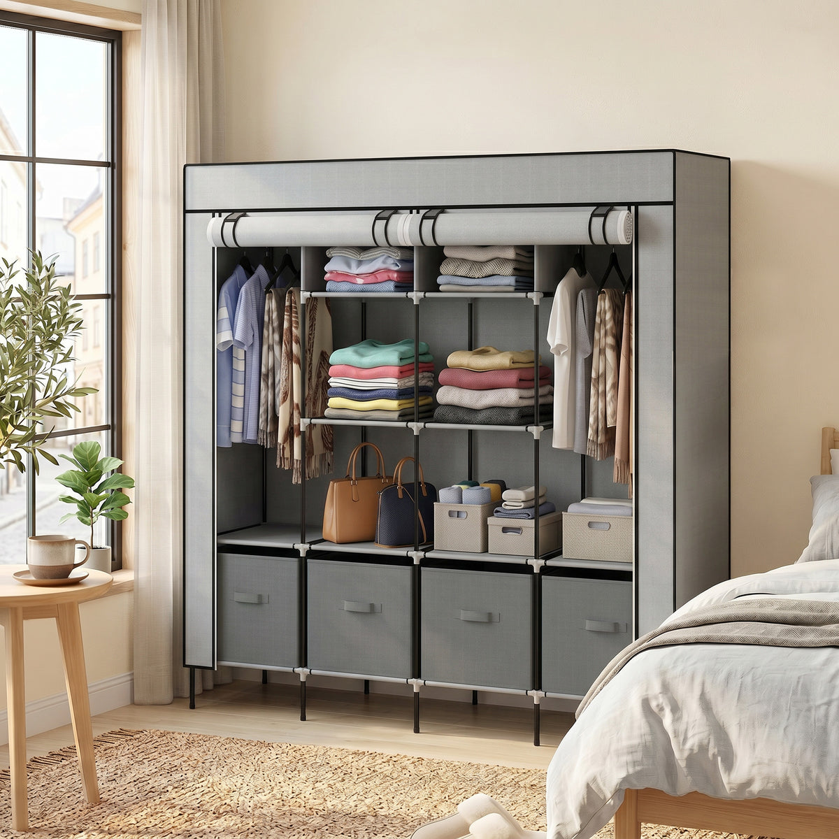 Open fabric wardrobe with two hanging rails, shelves, clothes, and four drawers