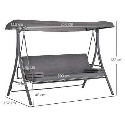 Outsunny gray three-seat patio swing with canopy, cushions and dimensions shown