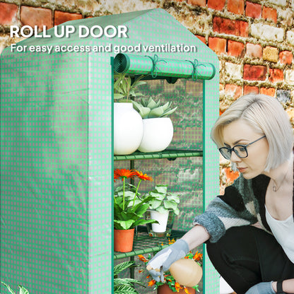 Outsunny green mini greenhouse with rolled-up door for access to the plant shelves
