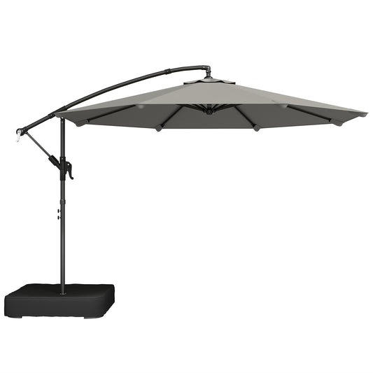 Photo of Outsunny 3 m Garden Cantilever Parasol with Cross Base, Sandbag, 360° Rotating Overhanging Banana Umbrella, Grey in Grey colour on a white background