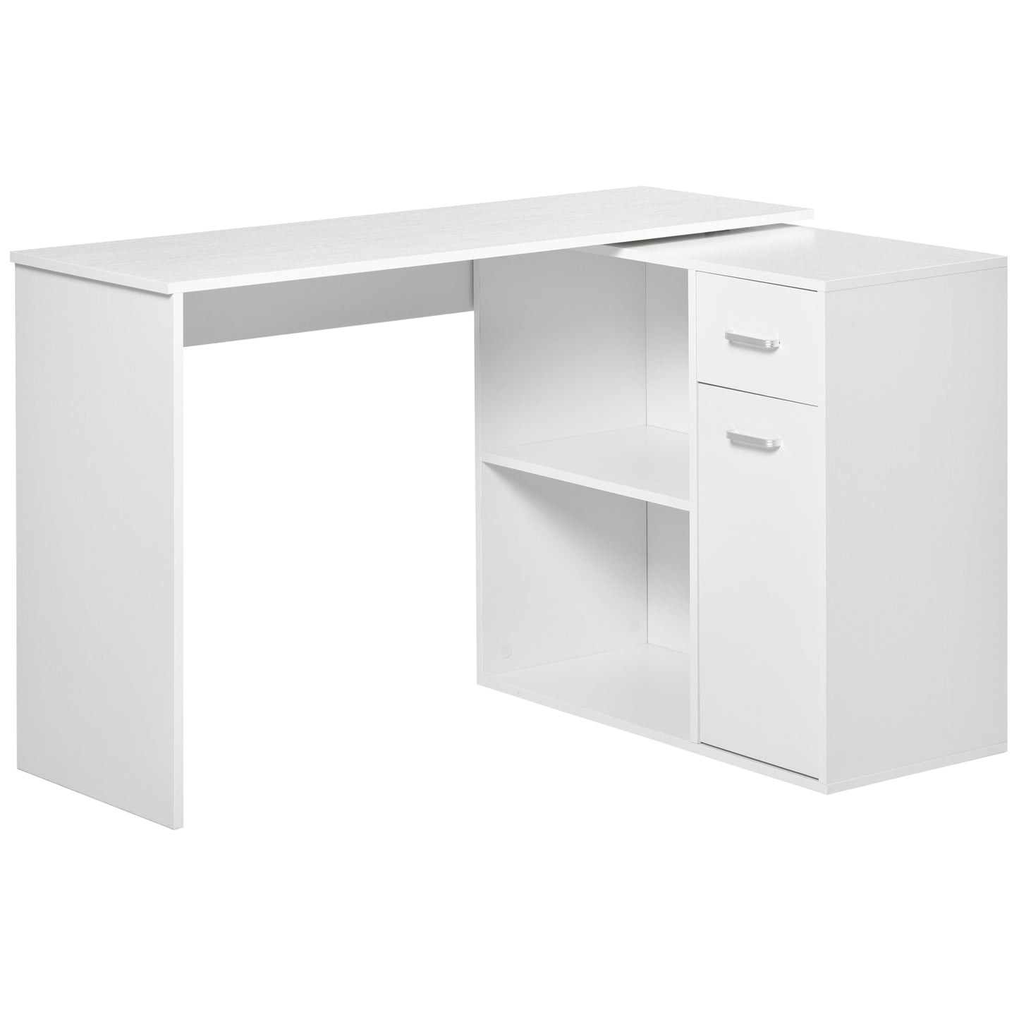 Photo of HOMCOM L-Shaped Desk, Corner Computer Desk, Adjustable Study Table with Storage Shelf, Drawer and Cabinet, Workstation for Home Office, White Wood Grain in Grain colour on a white background