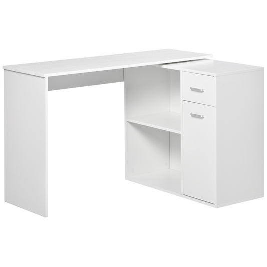 Photo of HOMCOM L-Shaped Desk, Corner Computer Desk, Adjustable Study Table with Storage Shelf, Drawer and Cabinet, Workstation for Home Office, White Wood Grain in Grain colour on a white background