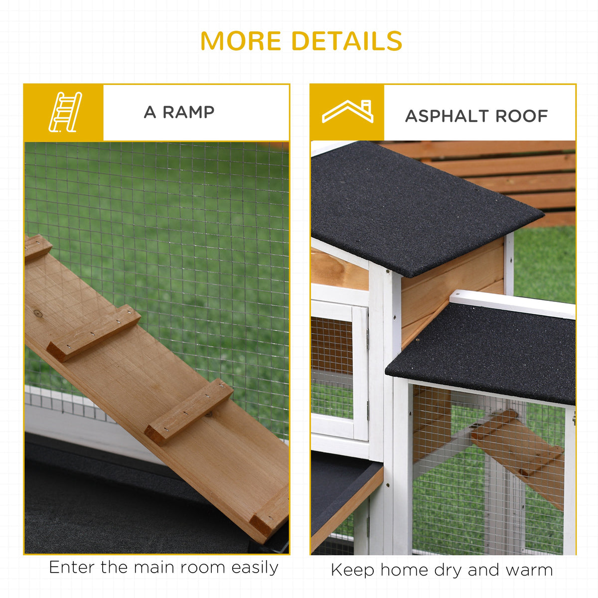 PawHut 2 Tier Rabbit Hutch with No-leak Plastic Trays Wooden Guinea Pig Hutch with Run, Yellow