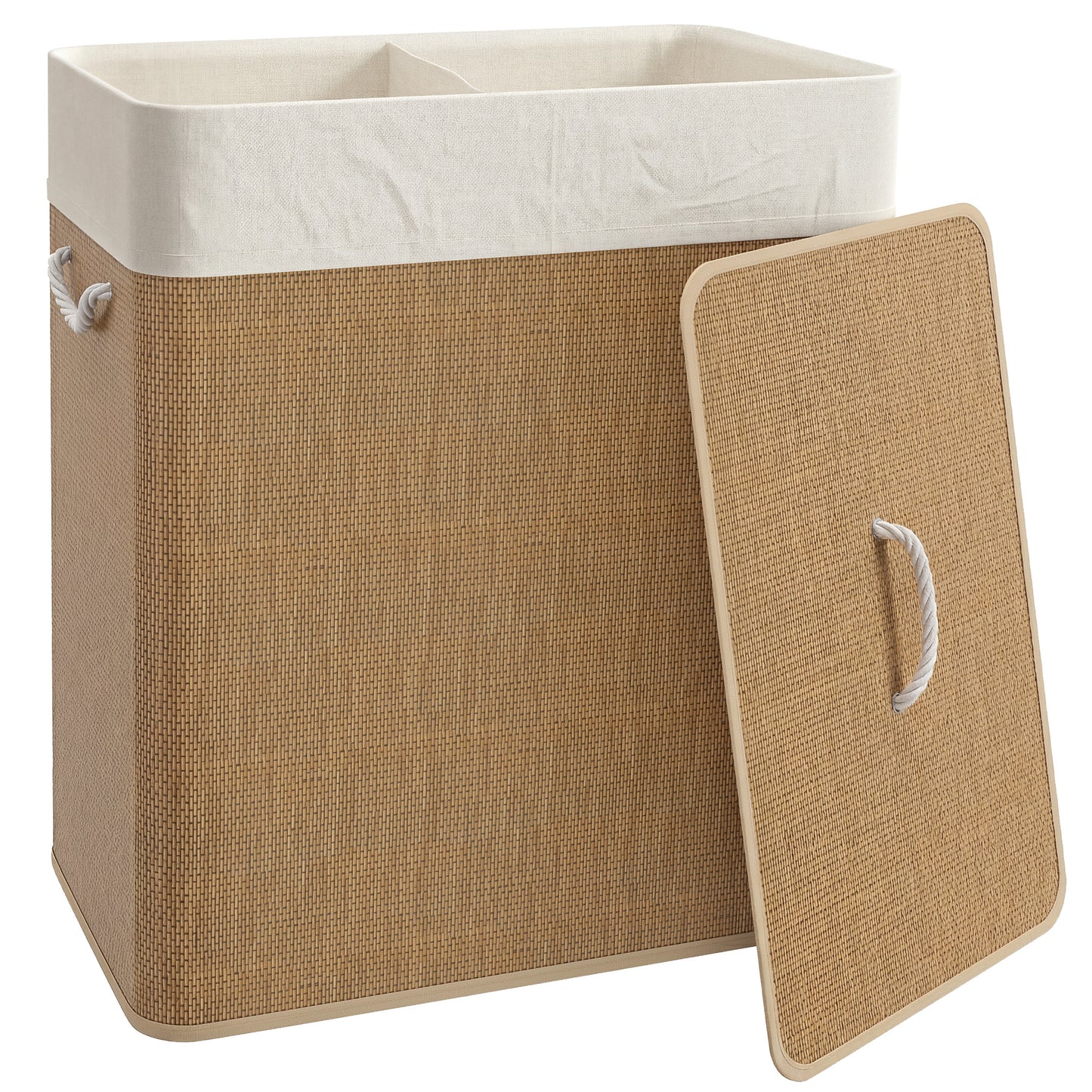 Photo of HOMCOM 2 Section Laundry Basket with Lid, 100L Bamboo Laundry Hamper with Handles, Removable and Washable Liner, Brown in Brown colour on a white background