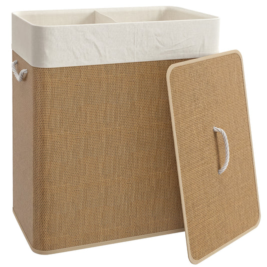 Photo of HOMCOM 2 Section Laundry Basket with Lid, 100L Bamboo Laundry Hamper with Handles, Removable and Washable Liner, Brown in Brown colour on a white background