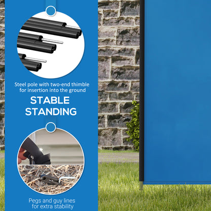 Blue camping windbreak panel with steel poles, ground pegs and guy lines