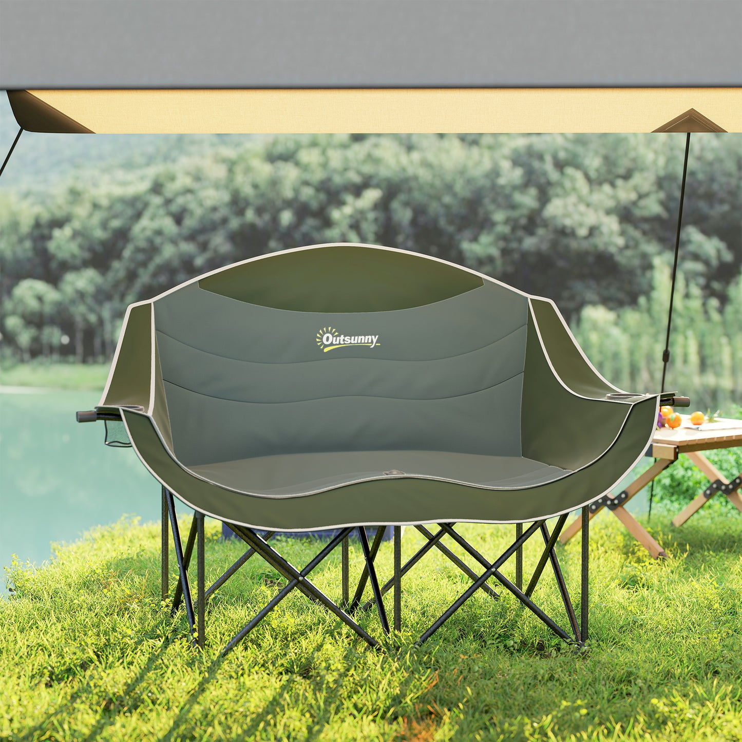 Outsunny Double Camping Chair for Adults with Armrests, Heavy Duty Oversized Padded Folding Chair with Carry Bag, Cup Holders for Outdoor Hiking Picnic Camping Fishing, 250kg Capacity, Green