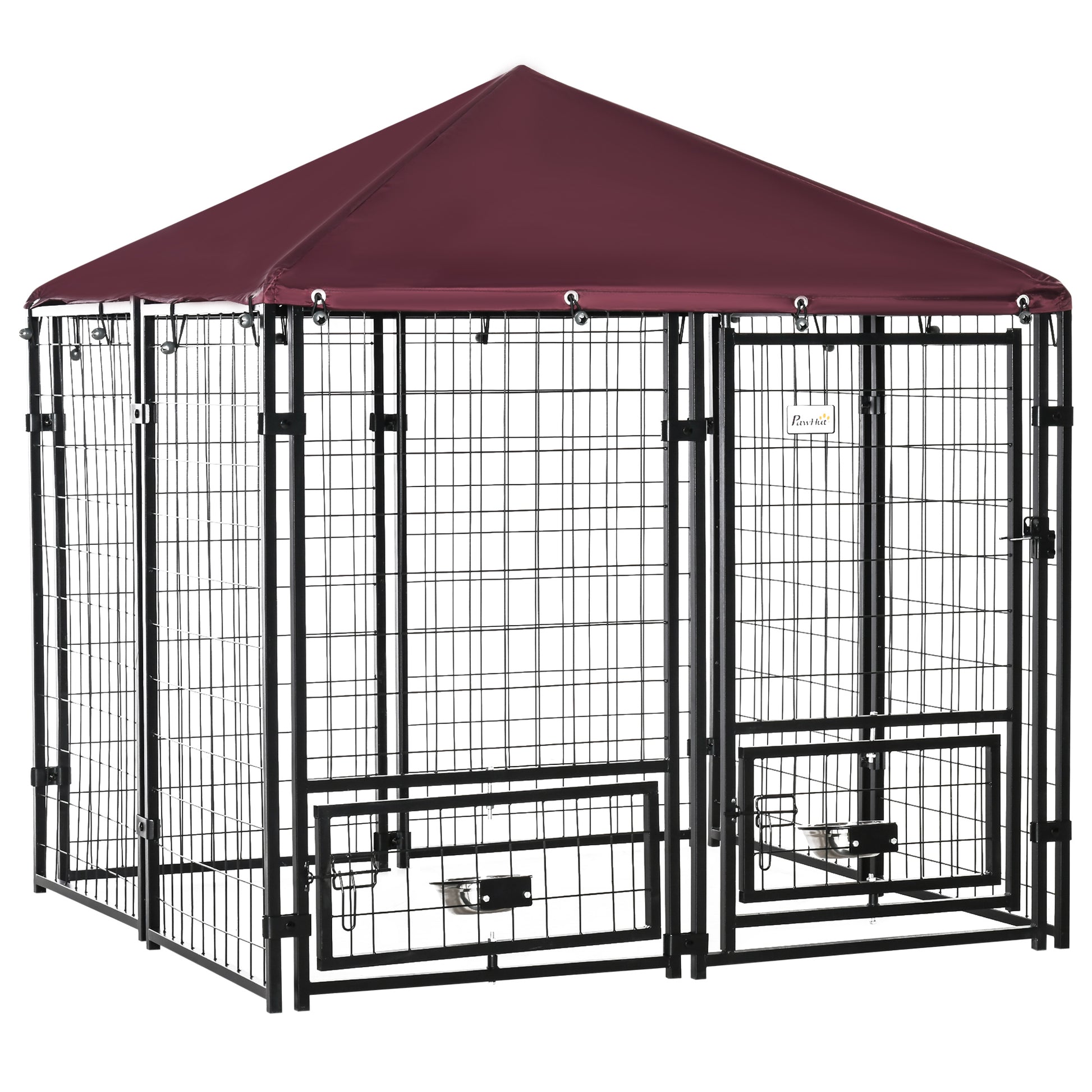 Photo of PawHut Outdoor Dog Kennel with Rotating Bowl Holders, Water and UV-Resistant Cover, for Medium, Small Dogs, Red in Red colour on a white background
