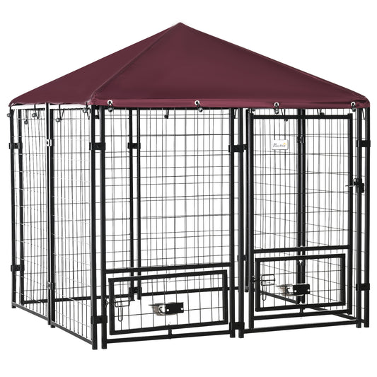 Photo of PawHut Outdoor Dog Kennel with Rotating Bowl Holders, Water and UV-Resistant Cover, for Medium, Small Dogs, Red in Red colour on a white background