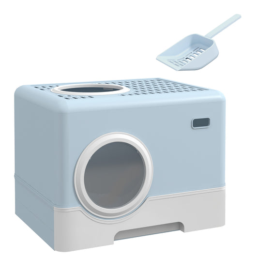 Photo of PawHut Enclosed Cat Litter Box, with Lid, Front Entry, Top Exit, Pull-Out Tray, Scoop - Blue in Blue colour on a white background