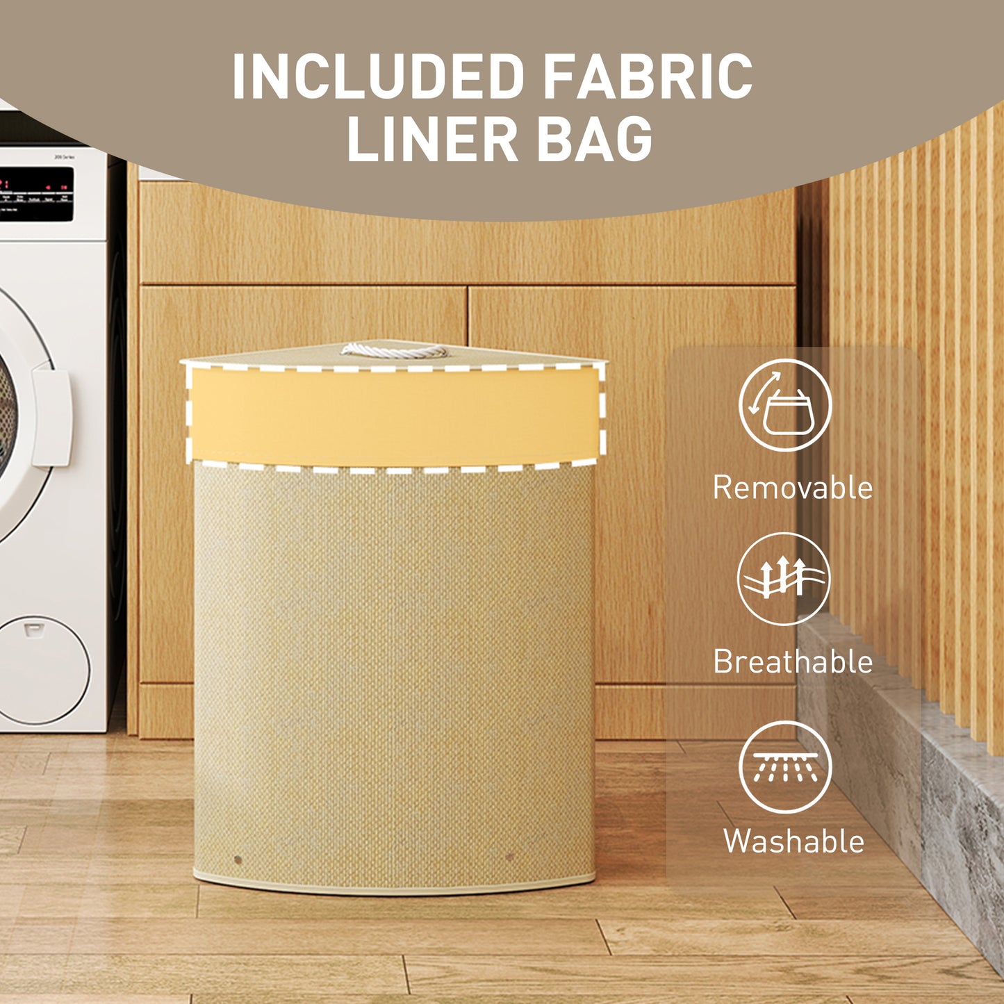 HOMCOM Bamboo Laundry Basket with Lid, 55L Corner Laundry Hamper with Removable Washable Liner Bag, Bathroom Triangle Washing Basket, 35 x 35 x 60 cm, Nature Wood Finish