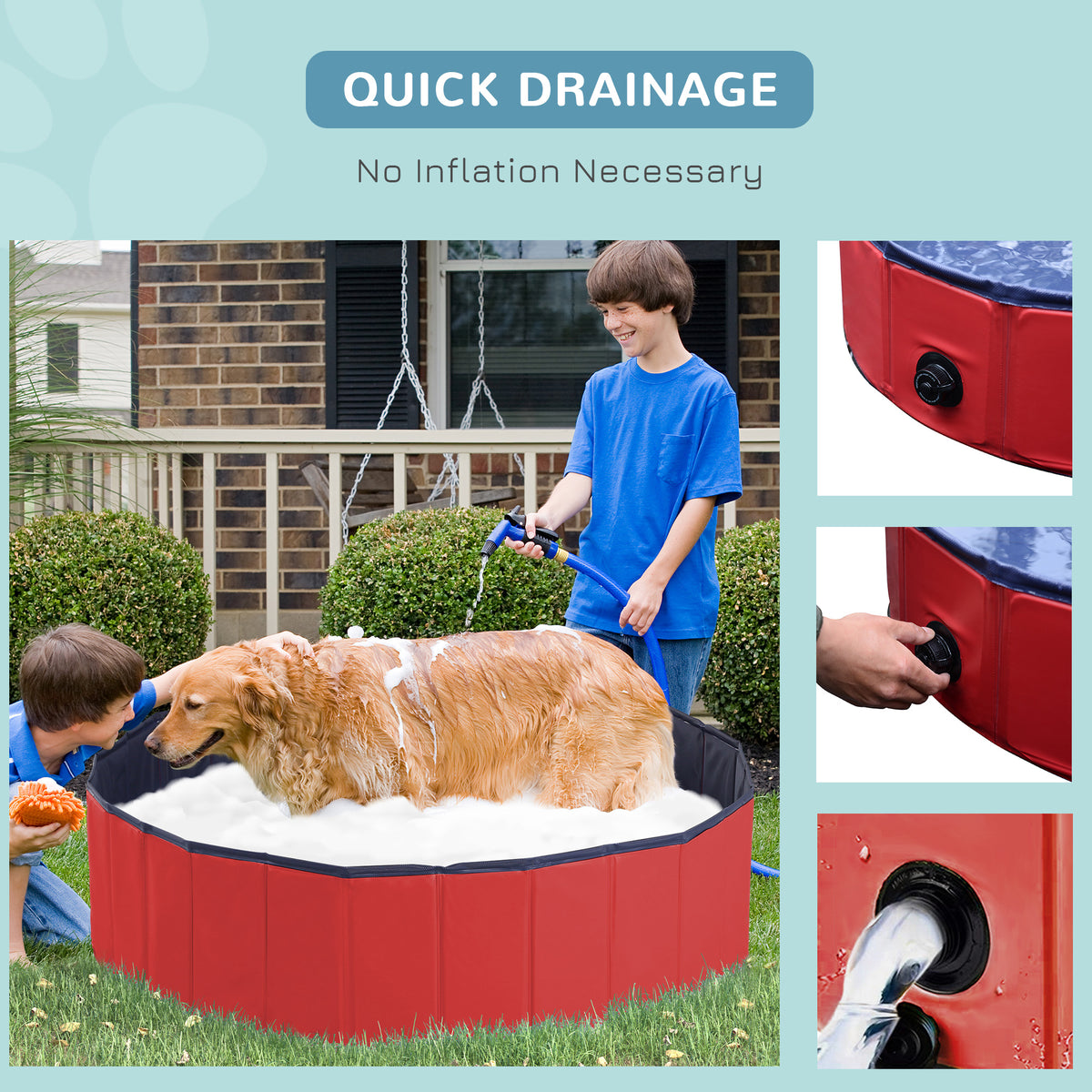 PawHut Foldable Dog Pool for Puppies and Ducks, Thickened PVC Dog Paddling Pool Bath Tub Hard Board, Anti-Slip Bottom and Drainage Hole, 120 x 30cm, Red and Blue