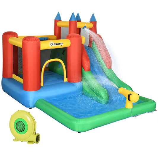 Photo of Outsunny Kids Inflatable Bouncy Castle Water Slide 5 in 1 Bounce House Jumping Castle Water Pool Gun Climbing Wall with Air Blower for Summer Playland in Playland colour on a white background
