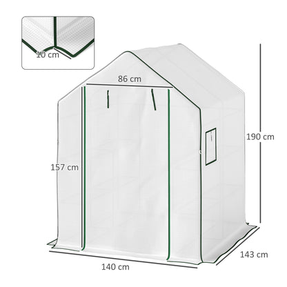 Walk-in greenhouse with white cover, green trim, roll-up door and dimension markings