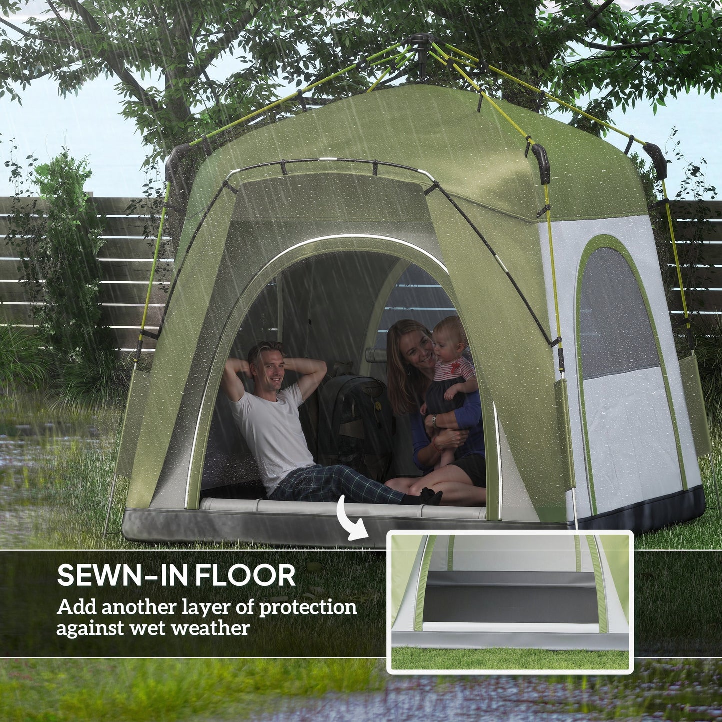 Outsunny Instant Pop Up Camping Tent, 3 Man Dome Tent with 4 Doors, Sewn-in Groundsheet, Carry Bag and Top Hook for Fishing Hiking Festival, Green