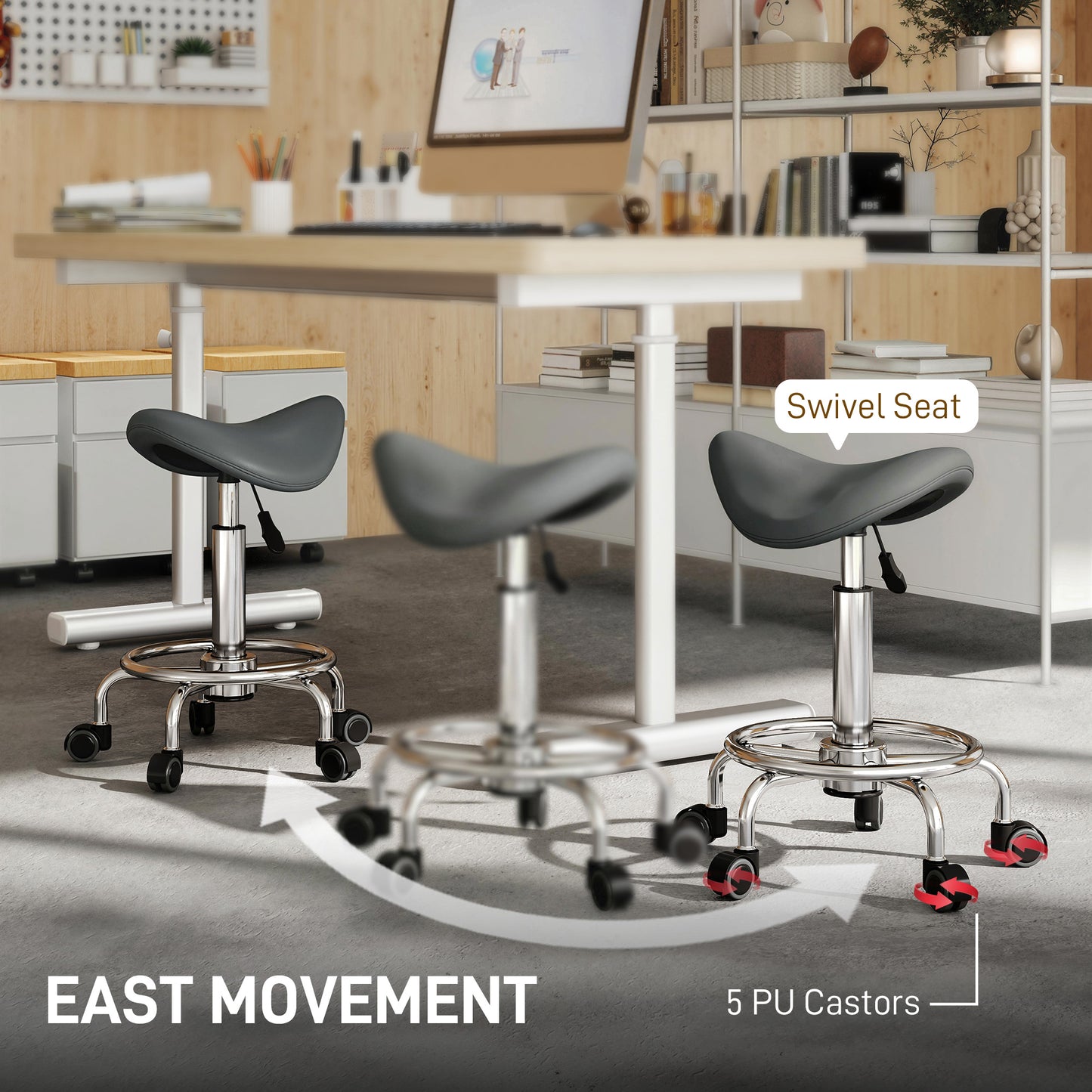 HOMCOM Salon Saddle Stool, Rolling Saddle Chair for Massage, Spa, Clinic, Beauty, Hairdressing and Tattoo, Grey