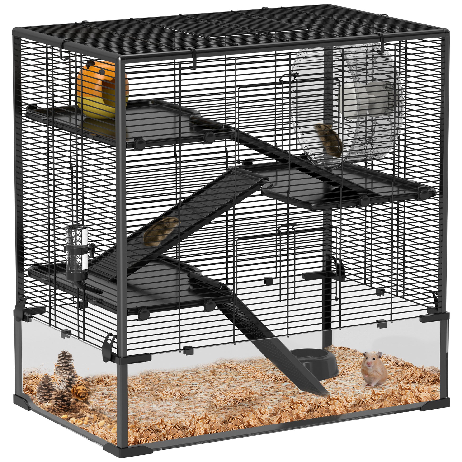 Photo of PawHut Four-Tier Hamster Cage with Deep Tempered Glass Bottom, Hut, Running Wheel, Food Dish, Water Bottle, 78.5 x 48.5 x 80cm in 80cm colour on a white background