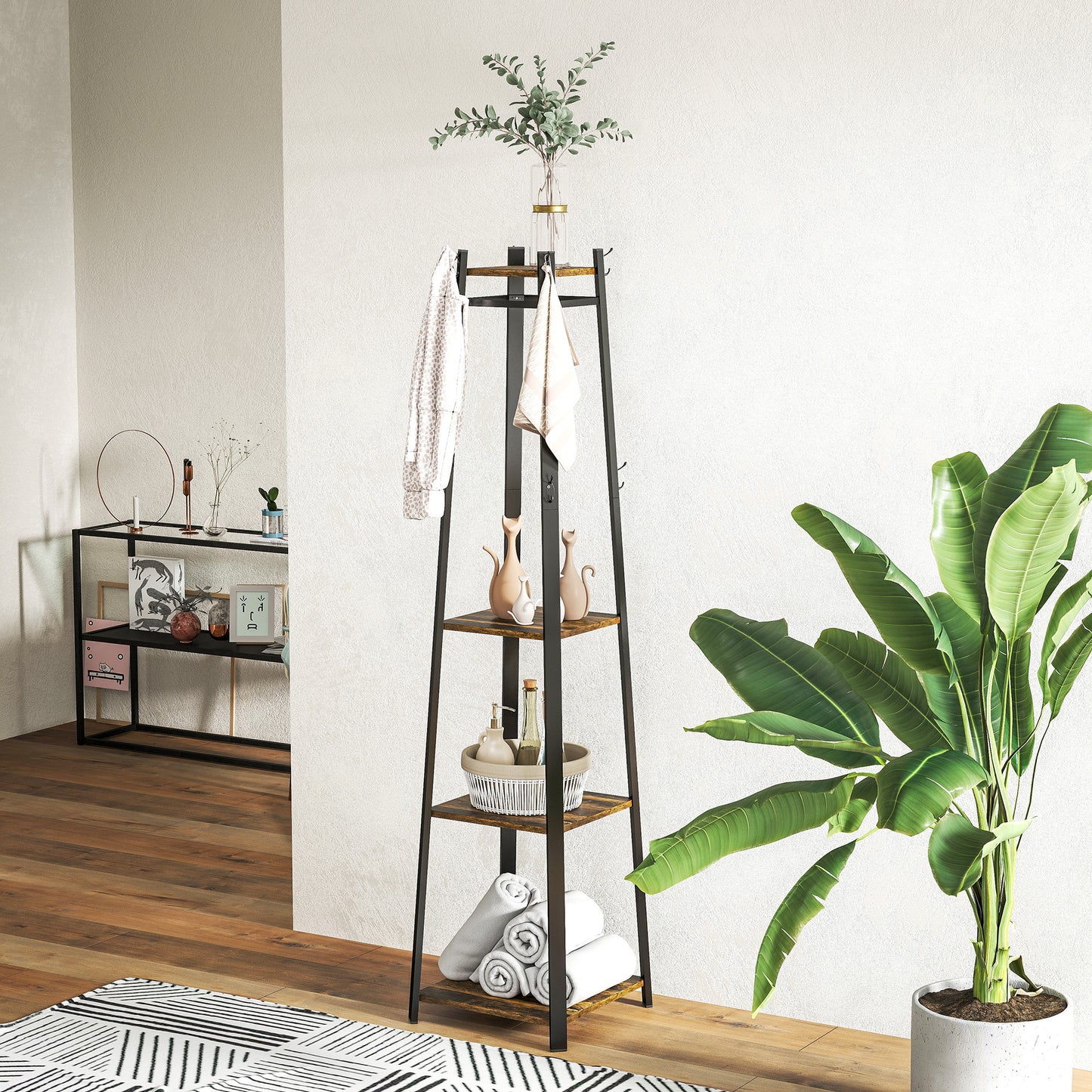 HOMCOM Compact Freestanding Coat Rack -  Black/Brown