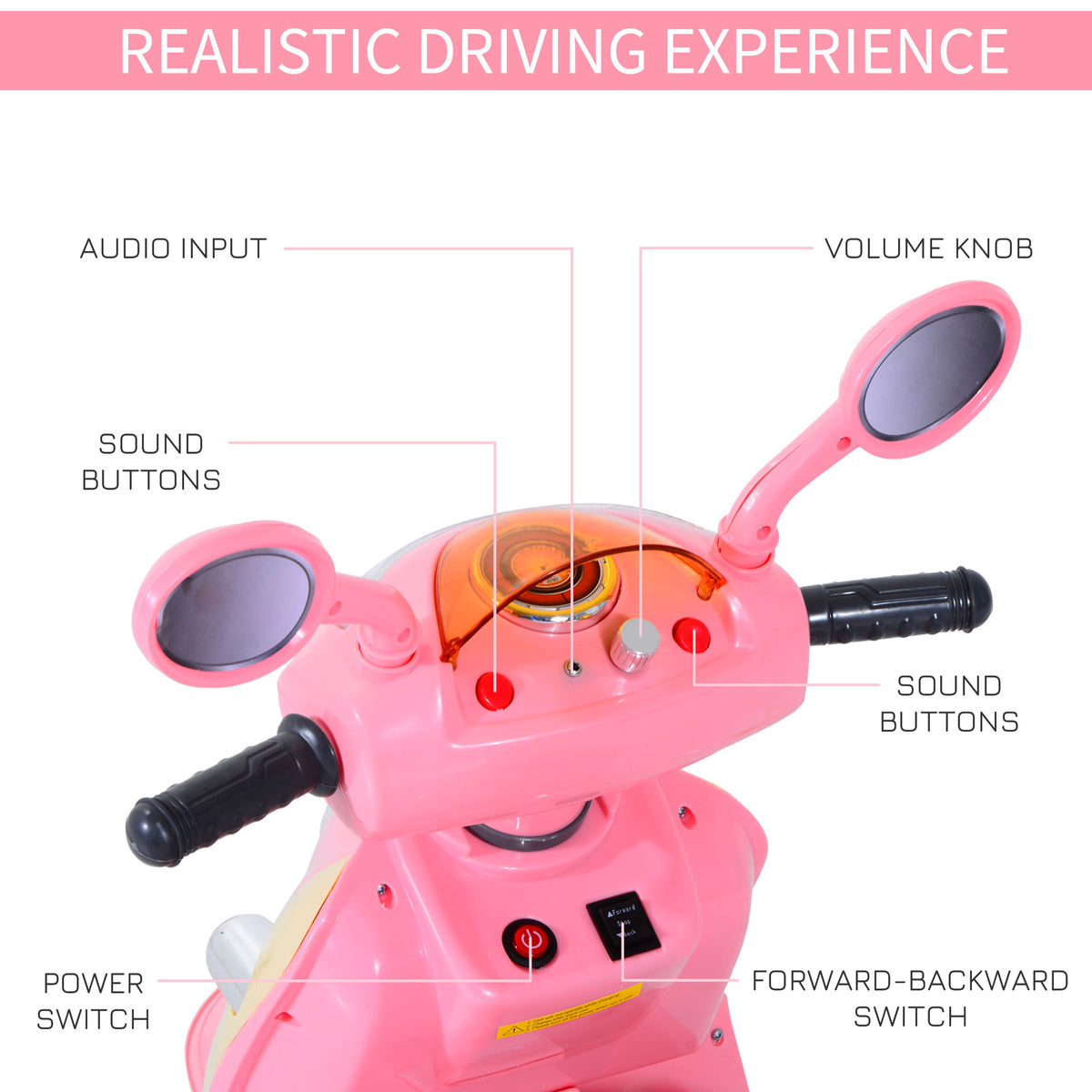 Scooter handlebars with mirrors, sound buttons, audio input, volume knob and direction switch