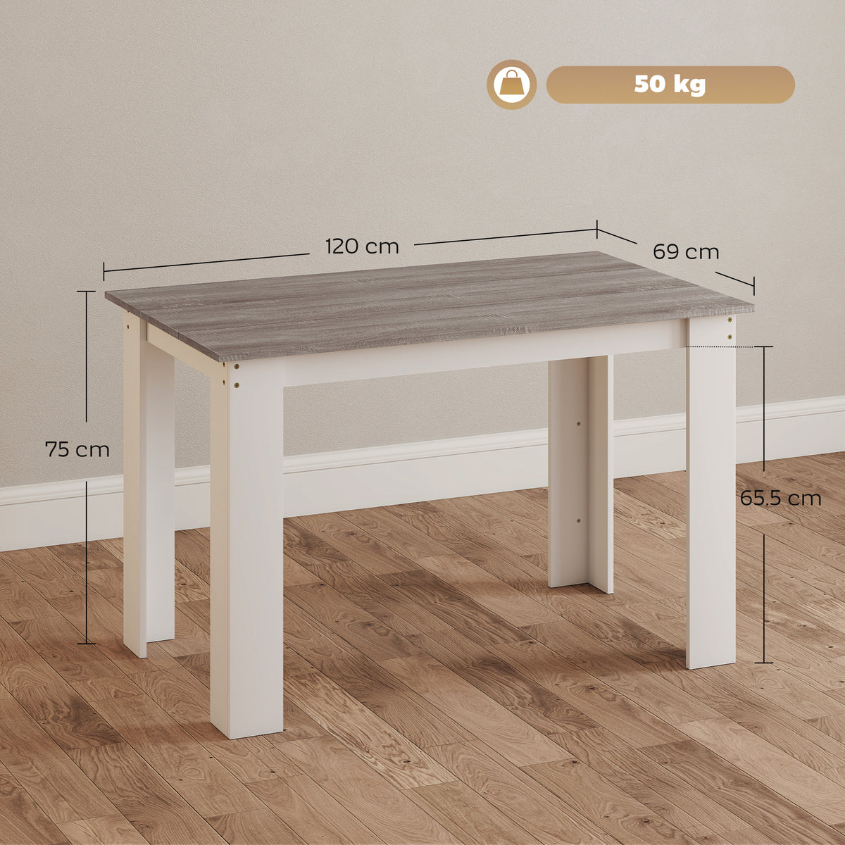 Gray wood-effect dining table with white legs, shown with dimensions and 50 kg capacity