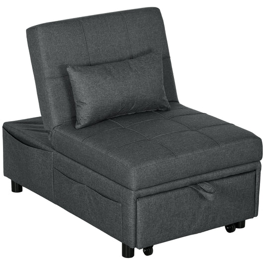 Photo of HOMCOM Convertible Chair Bed with Padding Seat, 4-in-1 Multi-Functional Sleeper Sofa Bed, Recliner with Adjustable Backrest, Side Pocket, Wheels and Pillow, for Living Room, Grey in Grey colour on a white background