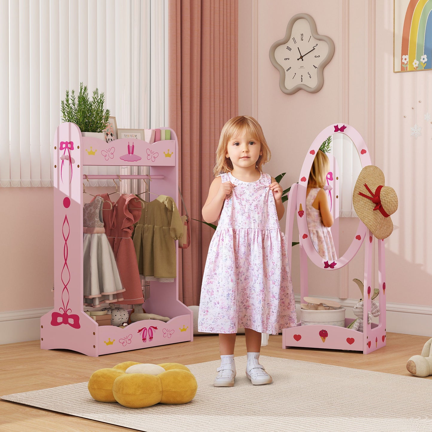 AIYAPLAY Kids Clothes Rail, Kids Dressing Mirror with 360° Rotating, 2 Piece Kids Furniture Set with Storage Shelves, Pink