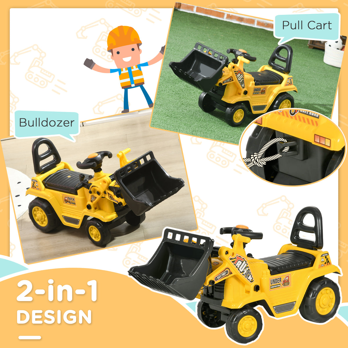 Yellow ride-on excavator shown as a pull cart and bulldozer, with a detachable bucket.