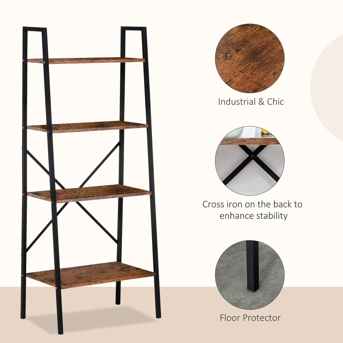 HOMCOM ladder bookshelf with rustic brown shelves, black frame, rear cross braces, and floor protectors
