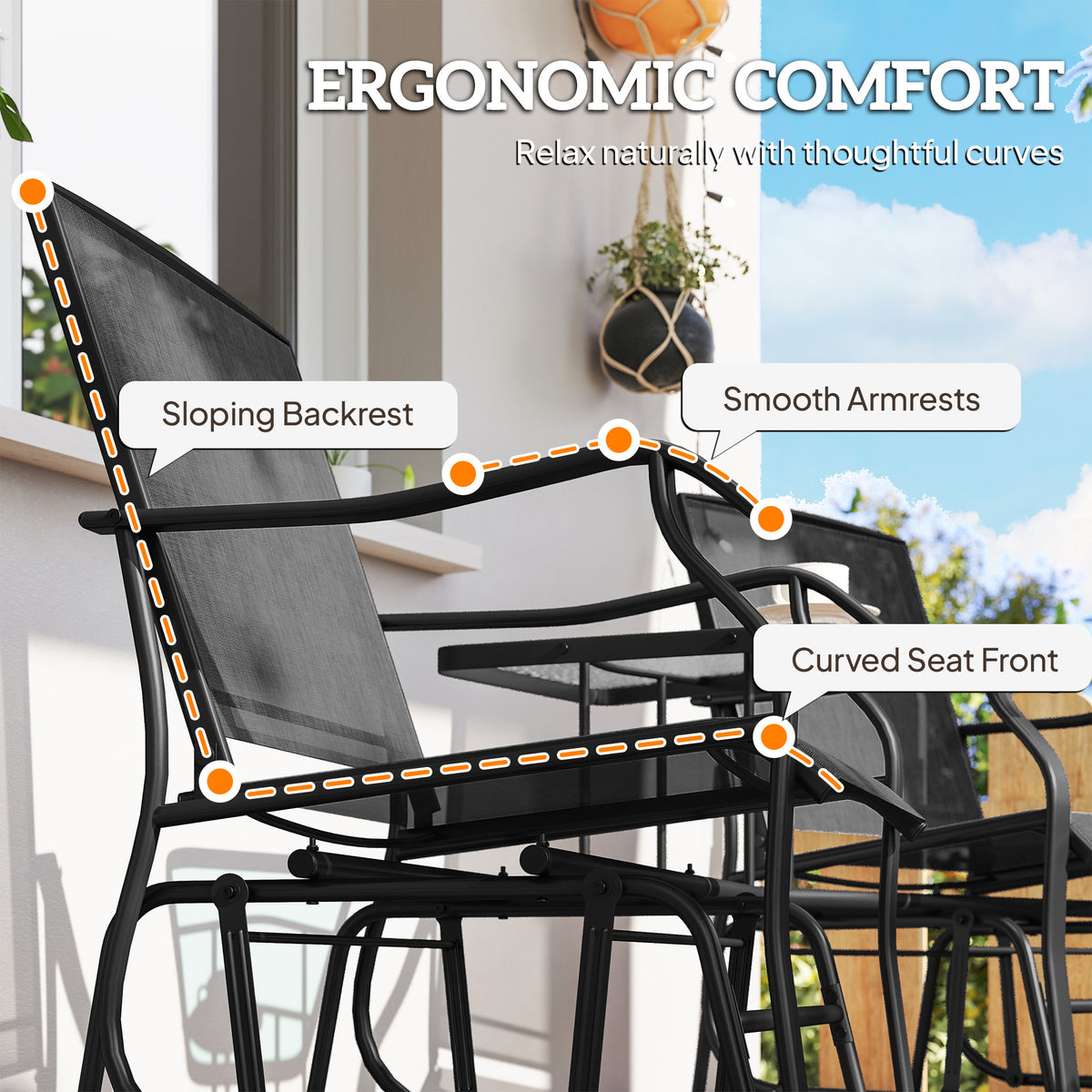 Black gliding chair showing its sloped backrest, smooth armrests, and curved seat front