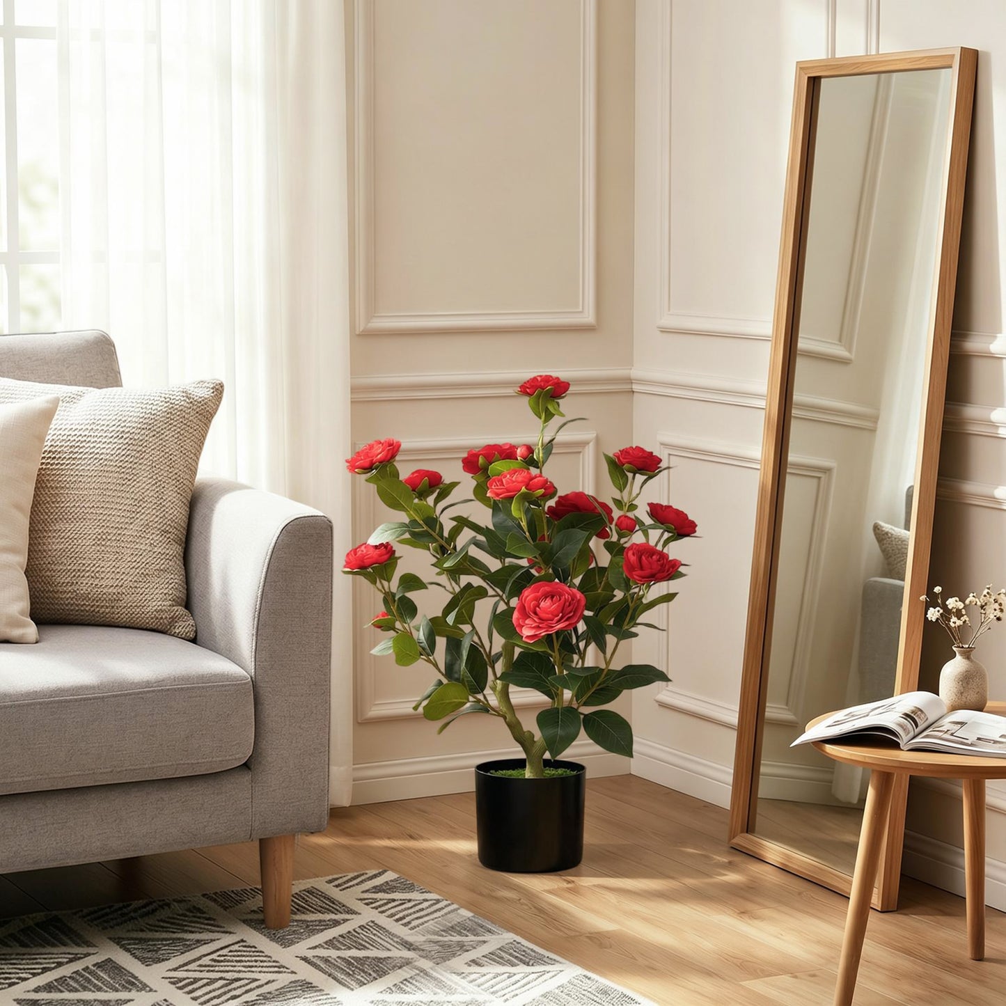 HOMCOM 65cm Artificial Camellia Flower Plant in Pot with 116 Lush Leaves & Moss Effect, Red