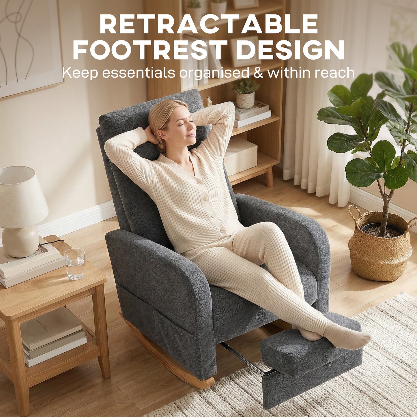 HOMCOM Upholstered Rocking Chair Retractable Footrest Rocker Chair High Back for Living Room Grey