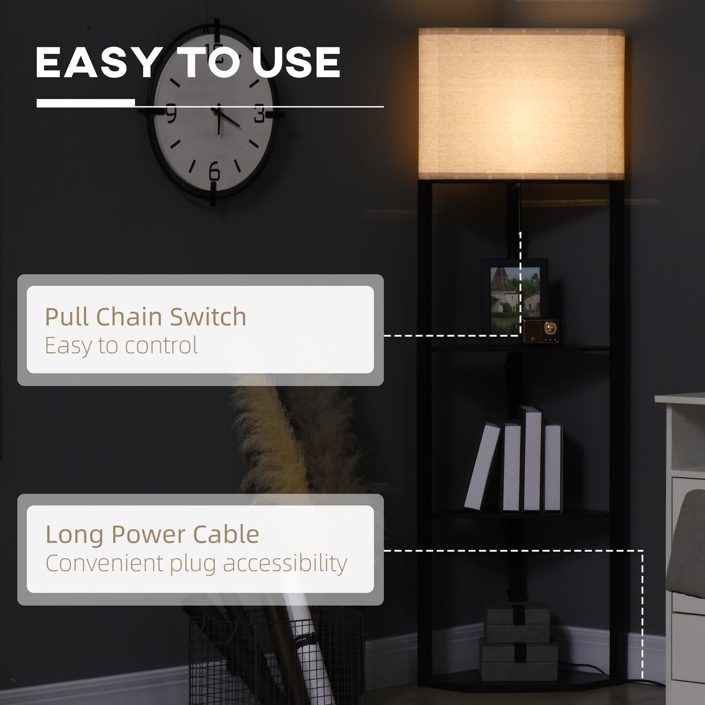 HOMCOM Corner Floor Lamp with Shelves, Tall Standing Lamps for Living Room, with Pull Chain Switch Bulb not Included, Black