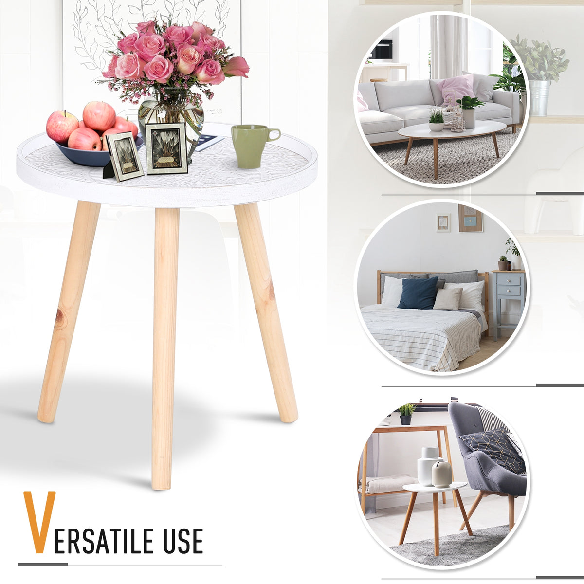 Round white coffee table styled with decor, with smaller room-use examples