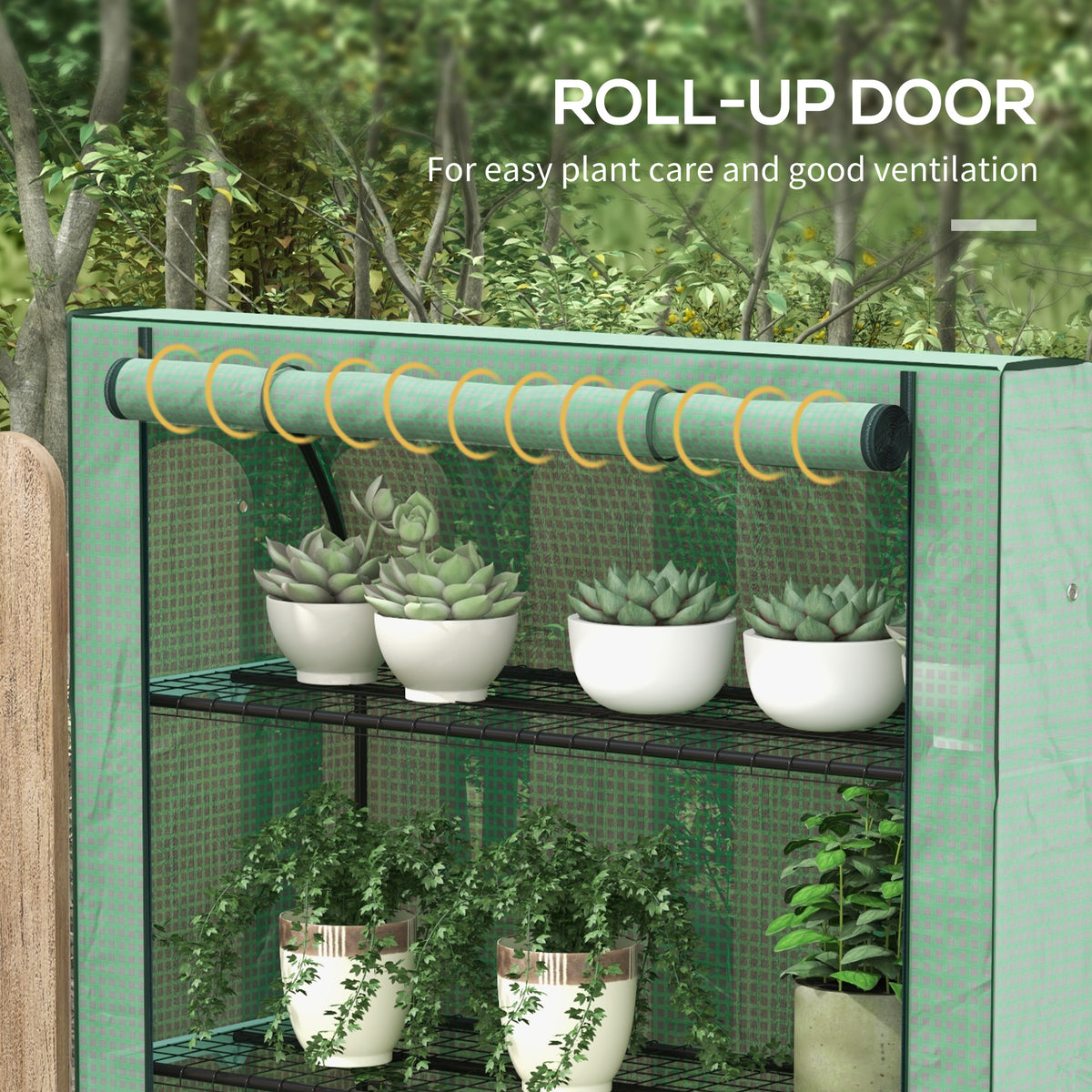 Outsunny mini greenhouse with roll-up door open above wire shelves and plants