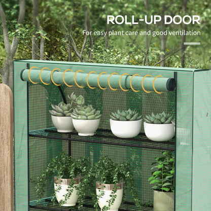 Outsunny mini greenhouse with roll-up door open above wire shelves and plants