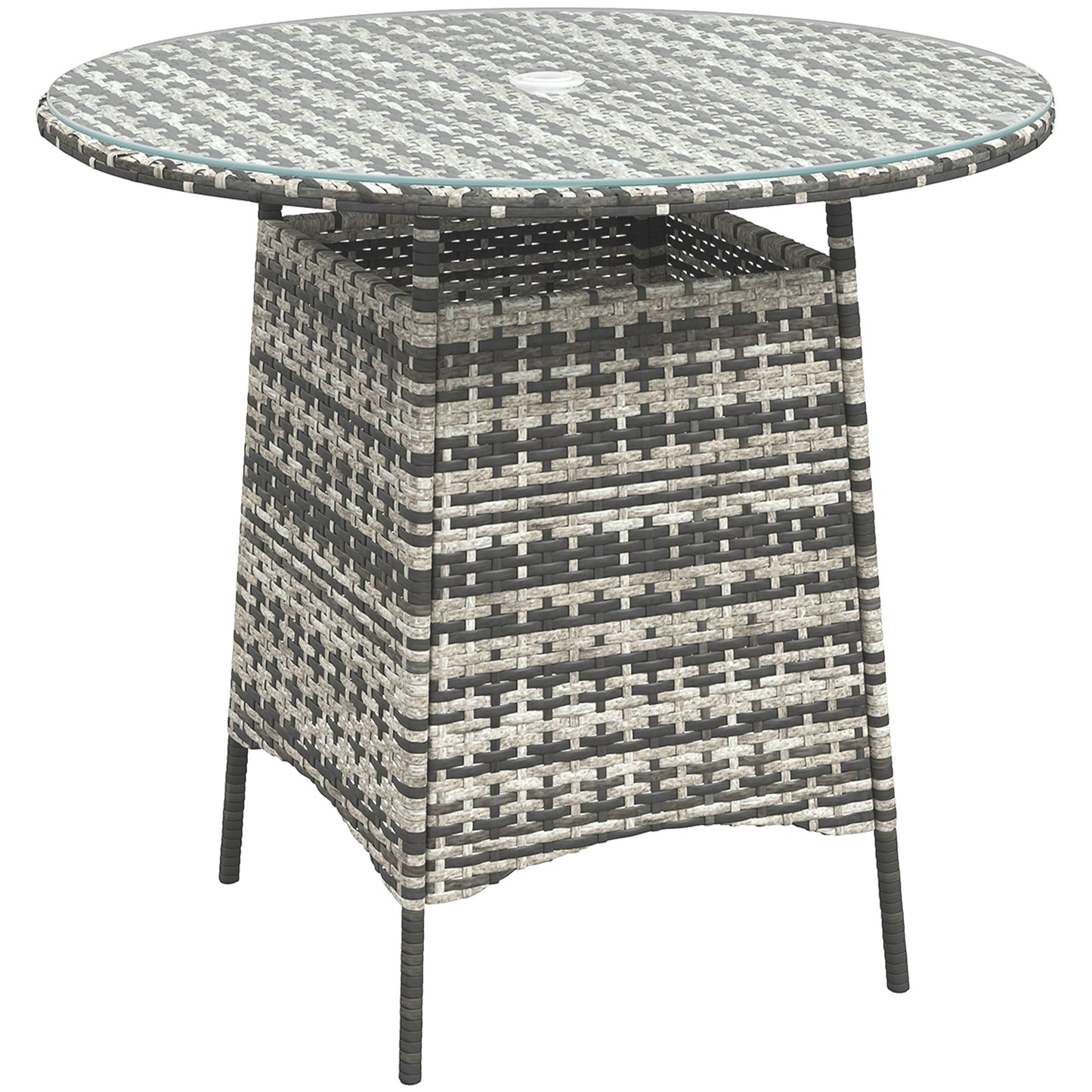 Photo of Outsunny Wicker Garden Rattan Table, Patio Furniture Outdoor Coffee Table with Umbrella Hole and Tempered Glass Top, Grey in Grey colour on a white background