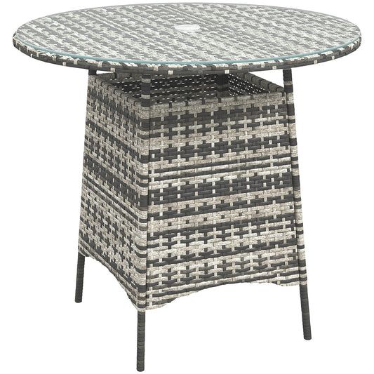 Photo of Outsunny Wicker Garden Rattan Table, Patio Furniture Outdoor Coffee Table with Umbrella Hole and Tempered Glass Top, Grey in Grey colour on a white background