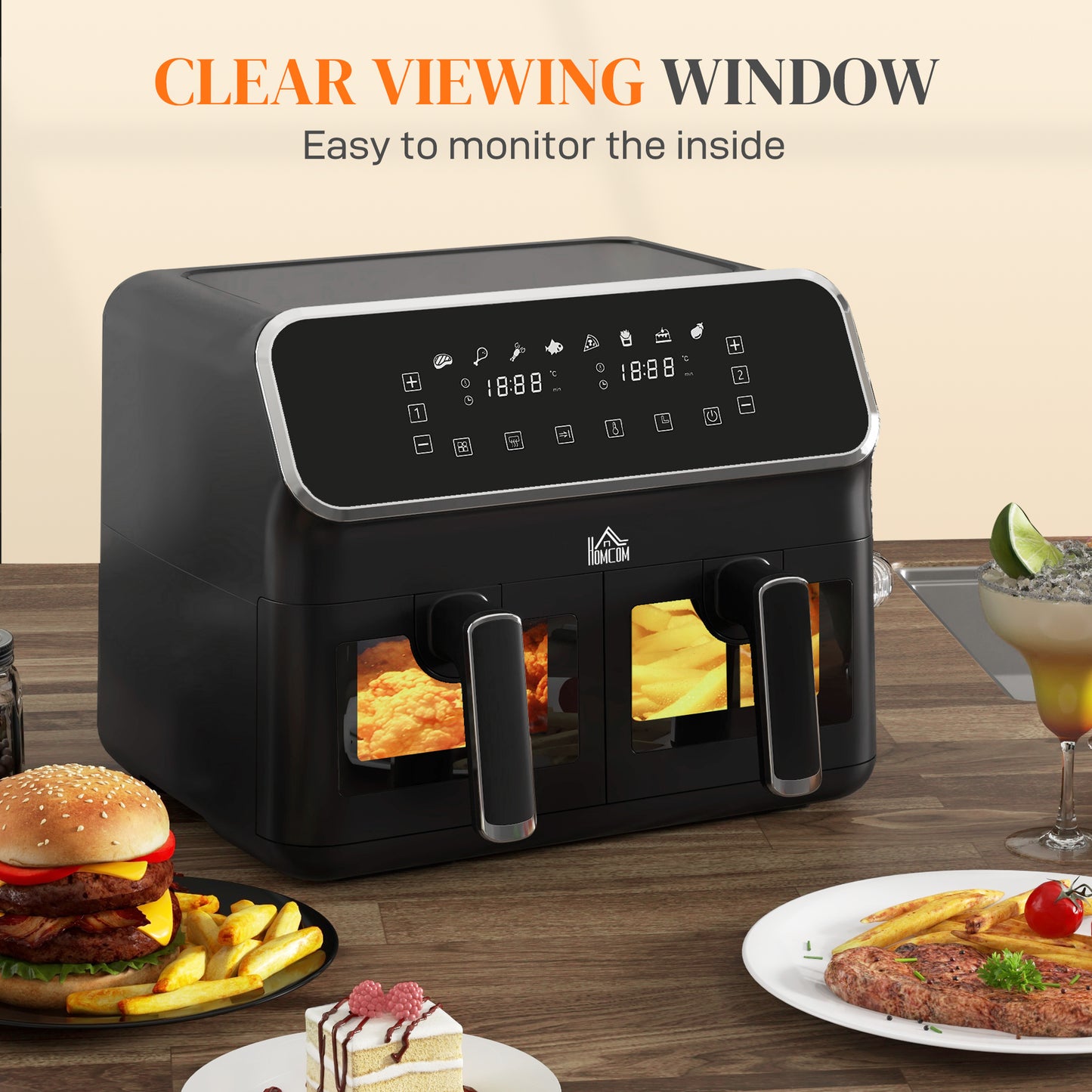 HOMCOM 8L Dual Basket Air Fryer, 80-200℃ Air Fryer Oven with 2 Baskets and Sync Function - Black/Silver