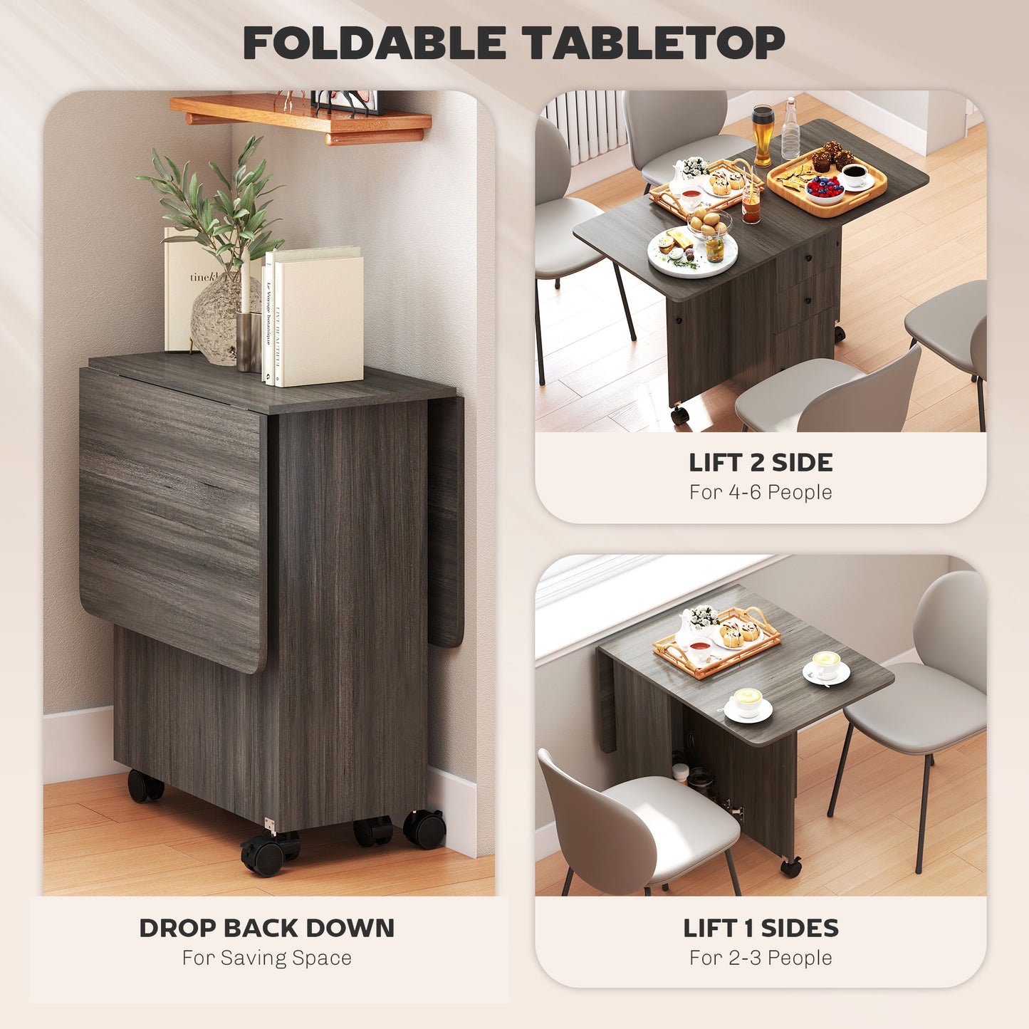 HOMCOM Multi-Storage Six-Person Drop Leaf Dining Table - Grey
