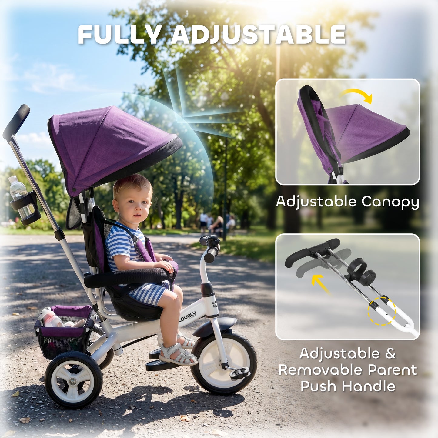 HOMCOM 6 in 1 Kids Trike Push Bike w/ Push Handle, Canopy, 5-point Seat Belt, Storage, Footrest, Brake, for 1-5 Years, Purple