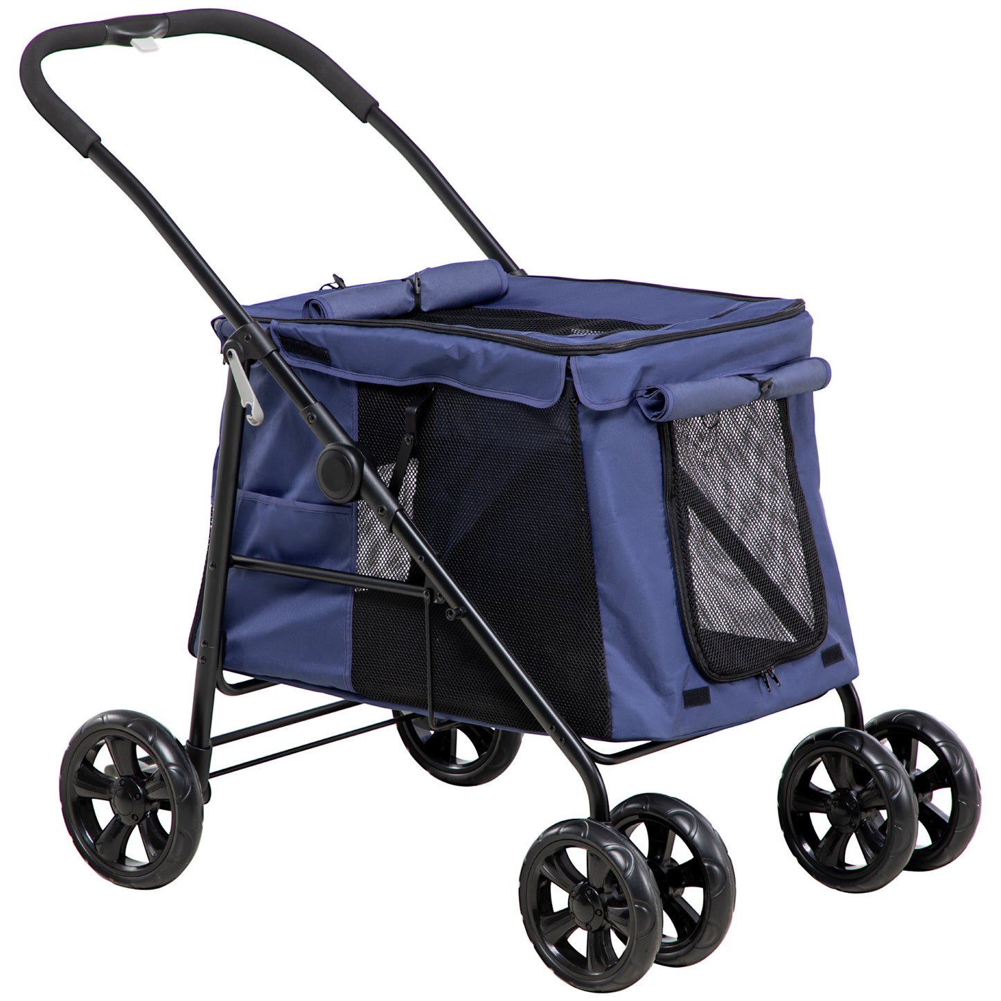 Photo of PawHut Dog Pram Dog Stroller 4 Wheels Pet Pushchair with Rolling Door, Cushion, Safety Leashes, for Small and Medium Breeds, Dark Blue in Blue colour on a white background