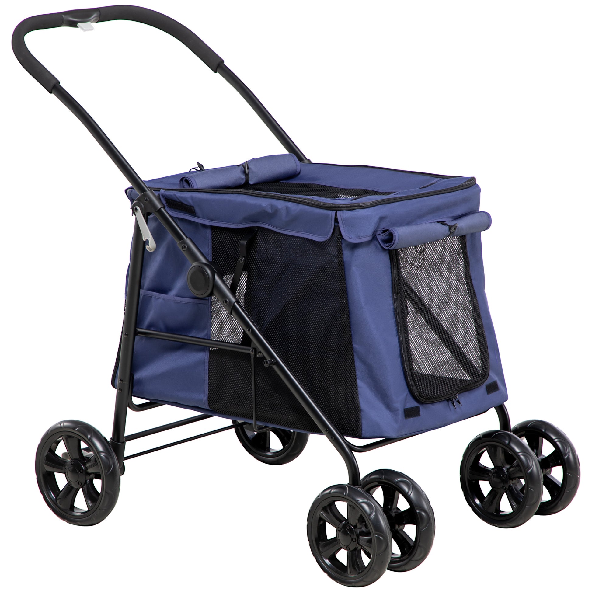 Photo of PawHut Dog Pram Dog Stroller 4 Wheels Pet Pushchair with Rolling Door, Cushion, Safety Leashes, for Small and Medium Breeds, Dark Blue in Blue colour on a white background