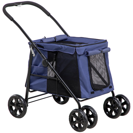 Photo of PawHut Dog Pram Dog Stroller 4 Wheels Pet Pushchair with Rolling Door, Cushion, Safety Leashes, for Small and Medium Breeds, Dark Blue in Blue colour on a white background