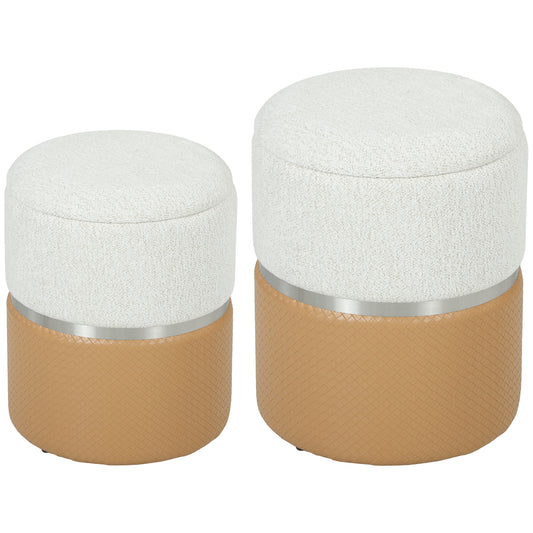 Photo of HOMCOM Nesting Round Ottoman with Storage Set of 2 - Cream/Brown in Cream/Brown colour on a white background