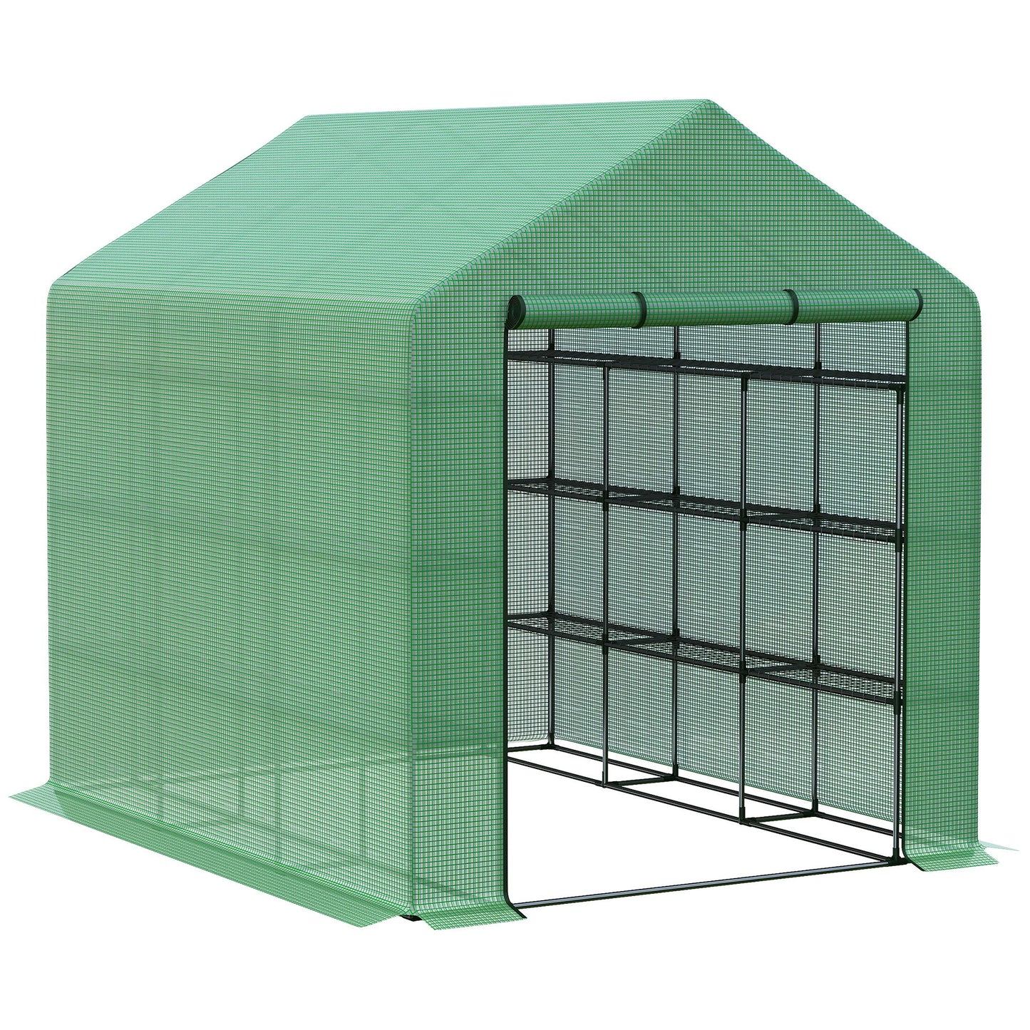 Photo of Outsunny Walk-in Greenhouse with 4 Tier 24 Shelves, Portable Grow House with Roll-up Zipped Door, 244 x 180 x 210cm, Green in Green colour on a white background